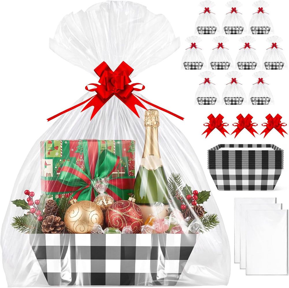 AFOROEOA 10 Pack Christmas Gift Baskets Empty, 10x12 Inch Black Plaid Gift Ba...