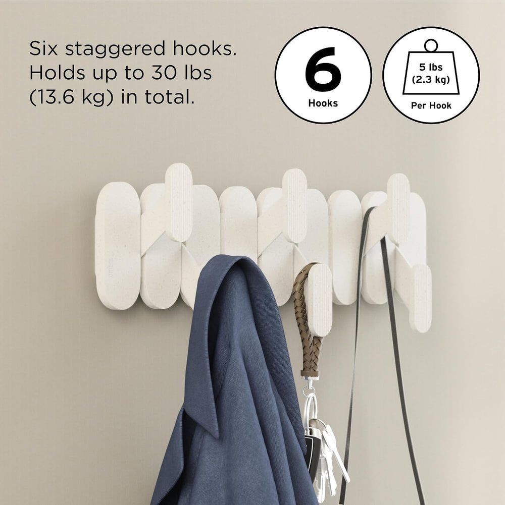 Umbra Tempo Wall Hooks, 6-Hook Coat Rack Wall Mount, Sand