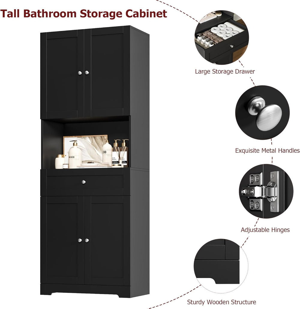 HIFIT Tall Bathroom Storage Cabinet with Drawer, Modern Linen Cabinet,Black