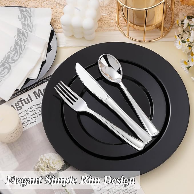 200PCS Black Plastic Plates Set, 100 10.25 inch Dinner Plates and 100 7.5 inc...