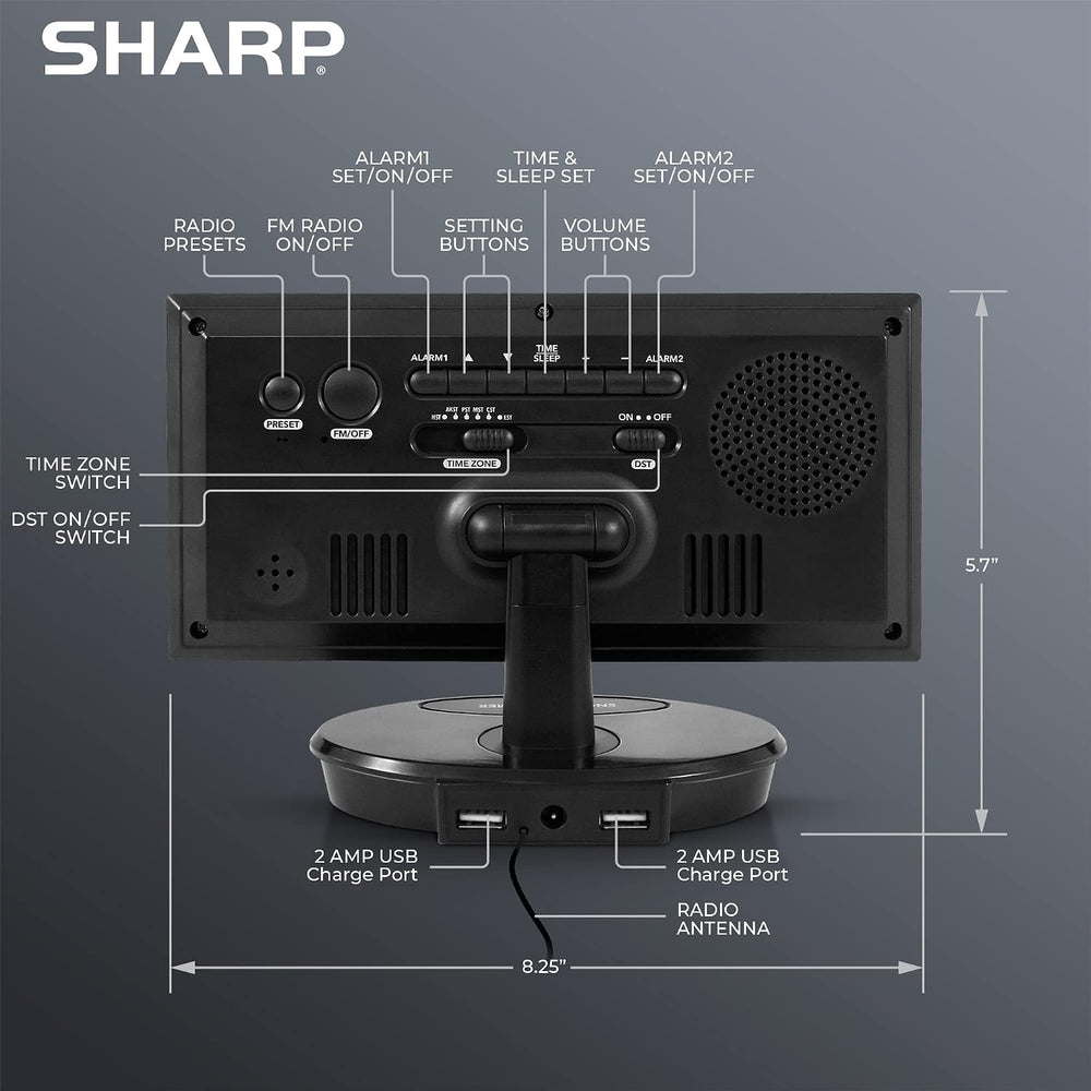 Sharp AccuSet Digital Alarm Clock, 8.9" Tilt/Swivel, FM Radio, Dual USB