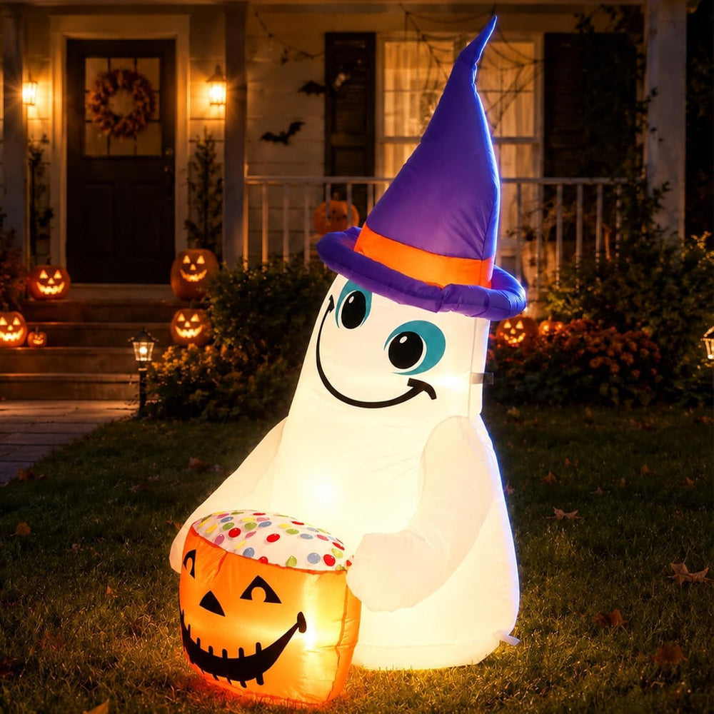 4FT Halloween Inflatable Outdoor Decorations, Blow Up Cute Ghost with Witch H...