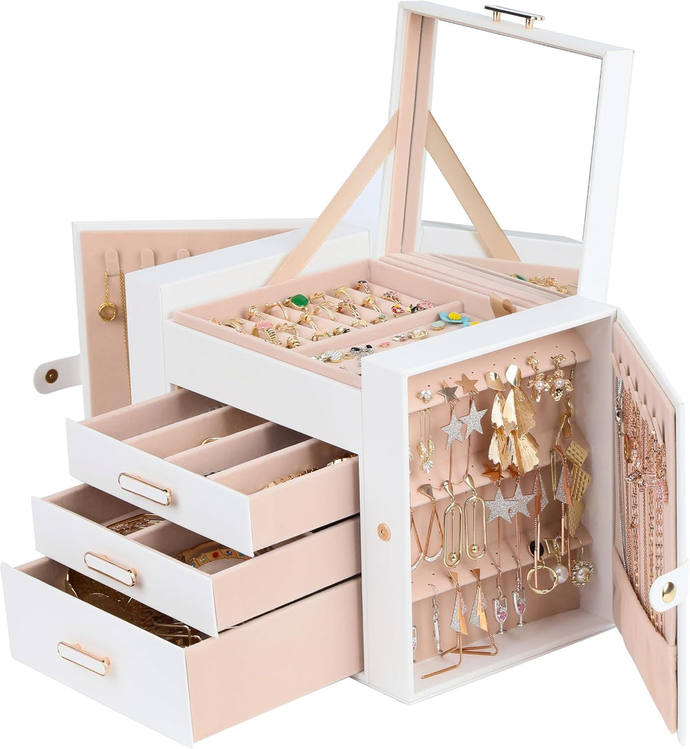 ASINGYER White 4 Layer 3 Drawer Jewelry Organizer with Double Hanging Side Ca...