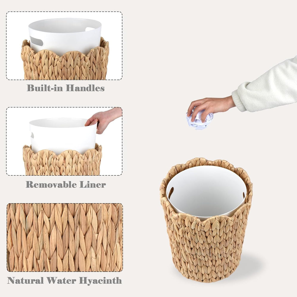2.6 Gallon Scalloped Edge Wicker Waste Basket with Removable Plastic Liner, H...