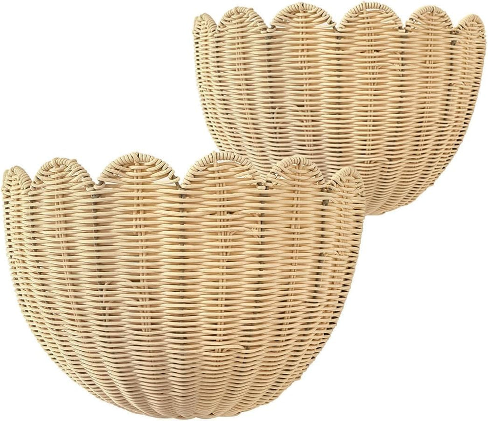 Set of 2 Scalloped Hanging Wicker Baskets for Wall, Scalloped Home Decor, Han...