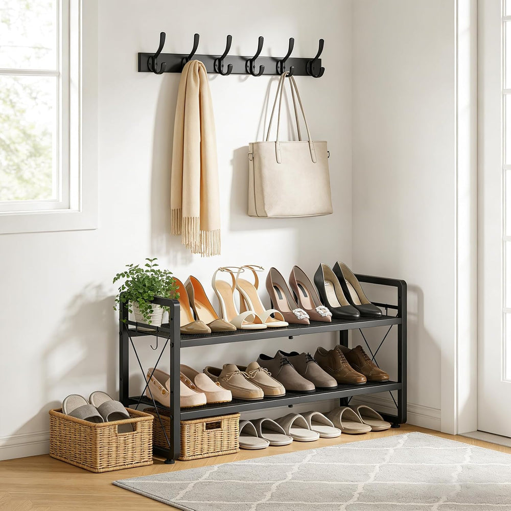 ELYKEN Expandable Shoe Rack for Closet, 2-Tier Metal Black Shoe Organizer