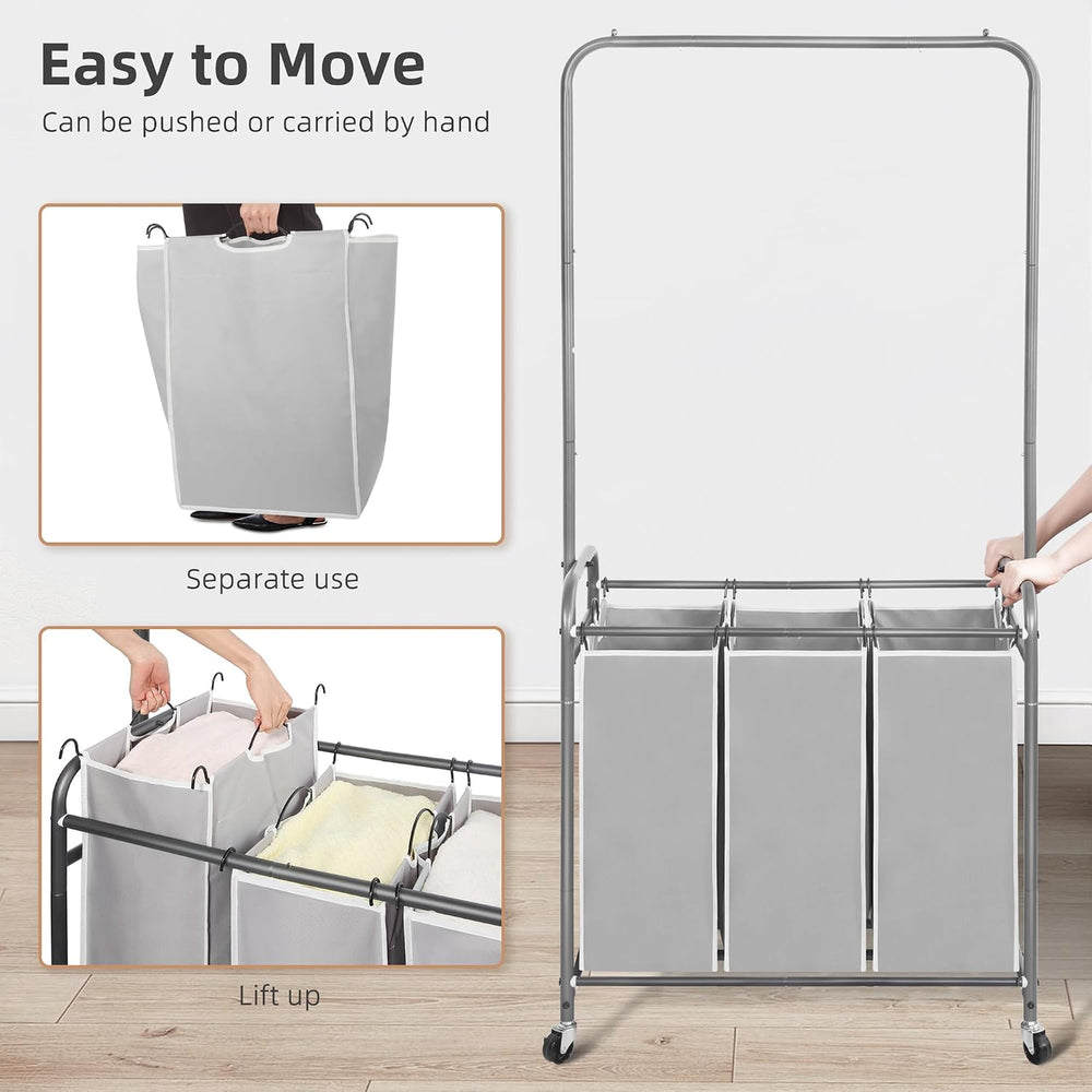 STORAGE MANIAC 136L Laundry Sorter with Hanging Bar, Portable, Removable Laun...