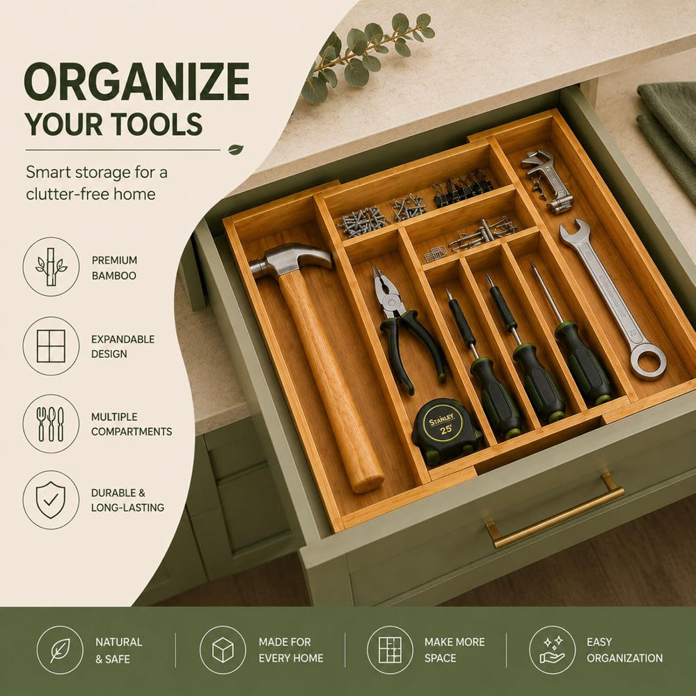 Bamboo Expandable Drawer Organizer for Utensils Holder, Adjustable Cutlery Tr...