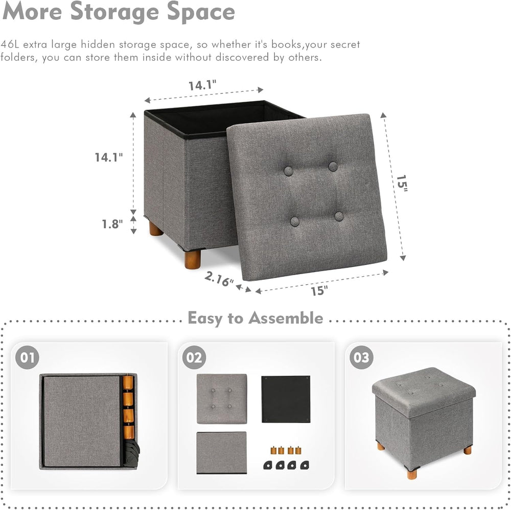 B FSOBEIIALEO 15" Square Storage Ottoman with Tray, Wood Legs, Linen Grey