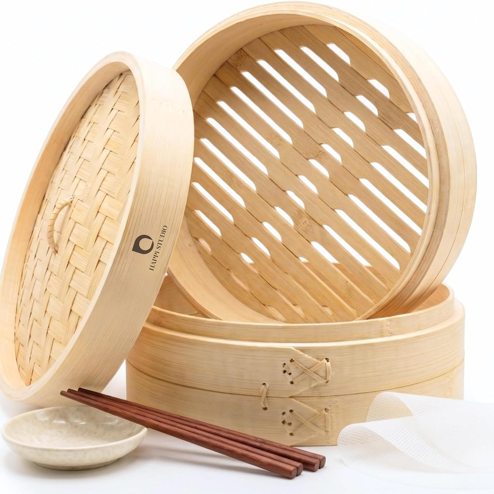 Bamboo Steamer Basket 10-Inch, 2-Tier Dumpling Steamer Cooking
