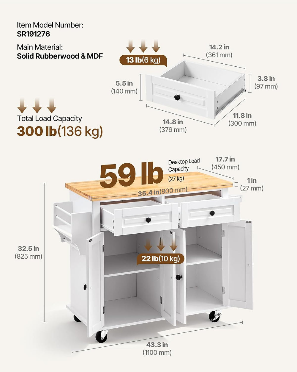 VEVOR Kitchen Island Cart with Solid Wood Top, 35.4" Width Mobile Carts ...