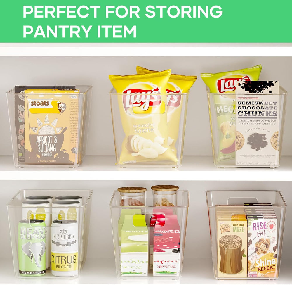 6 Pack Clear Plastic Storage Bins with Handles, 11" Pantry Organizers, B...