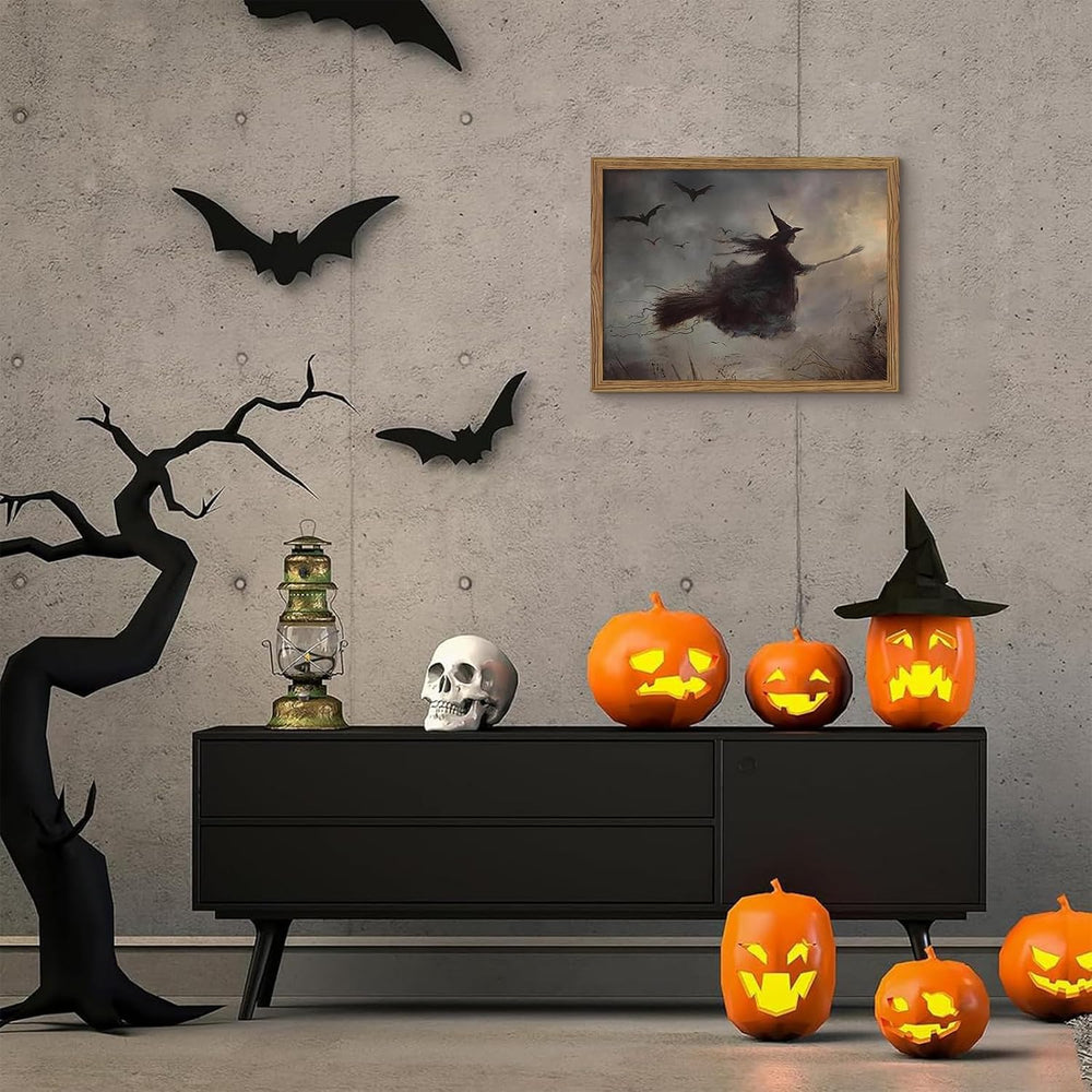 Moody Halloween Framed Wall Art Vintage Horror Flying Witch Prints 16x24 In