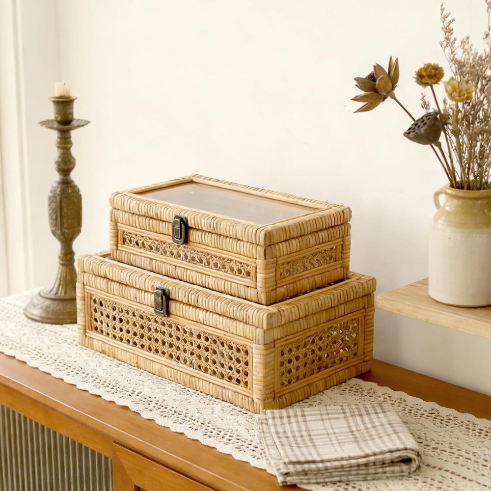 DECOR4SEASON Rattan and Cane Stacking Boxes with Glass Top Lid - Set of 2 for...