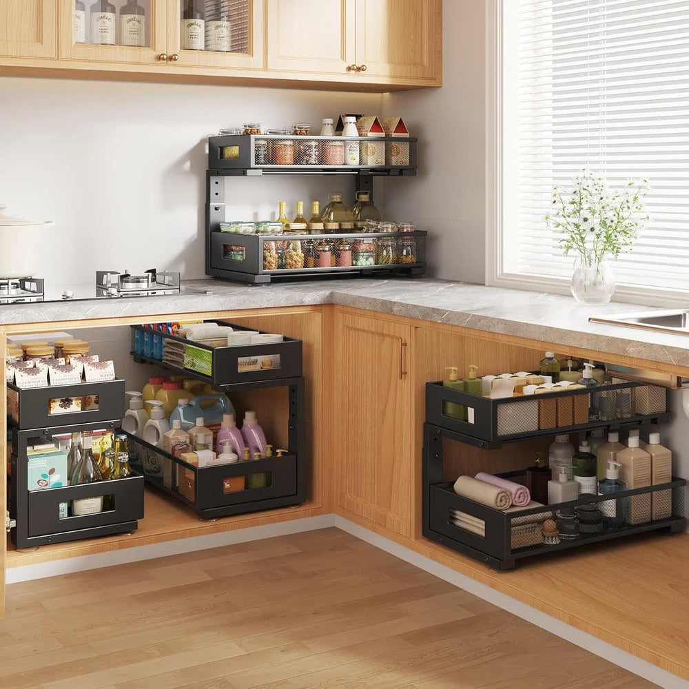 2 Packs 19IN Depth Under Sink Organizer, 2-Tier Pull Out Cabinet Organizer Wi...