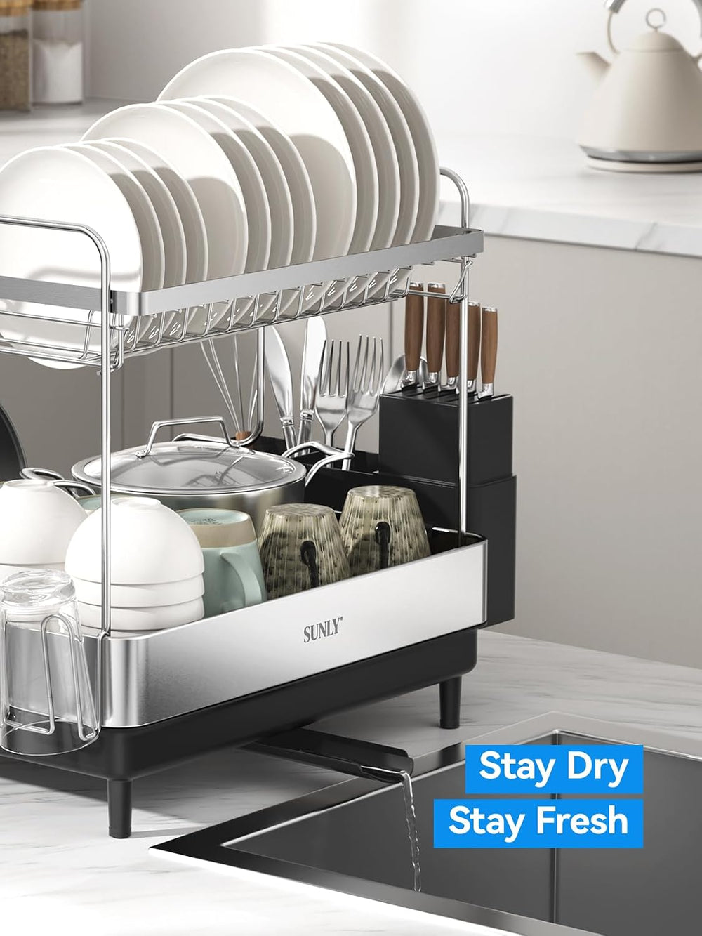 SUNLY 2 Tier Dish Drying Rack, Extra Large Dish Rack, Expandable Dish Racks f...