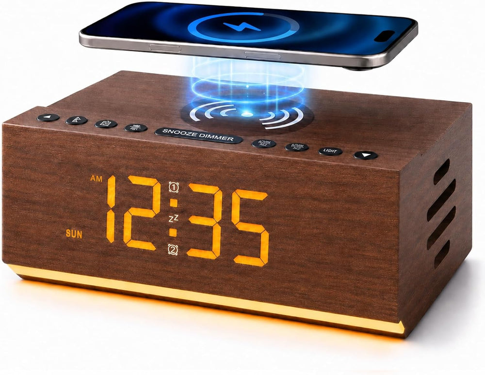 Wooden Digital Alarm Clock with Wireless Charging & Bluetooth Speaker