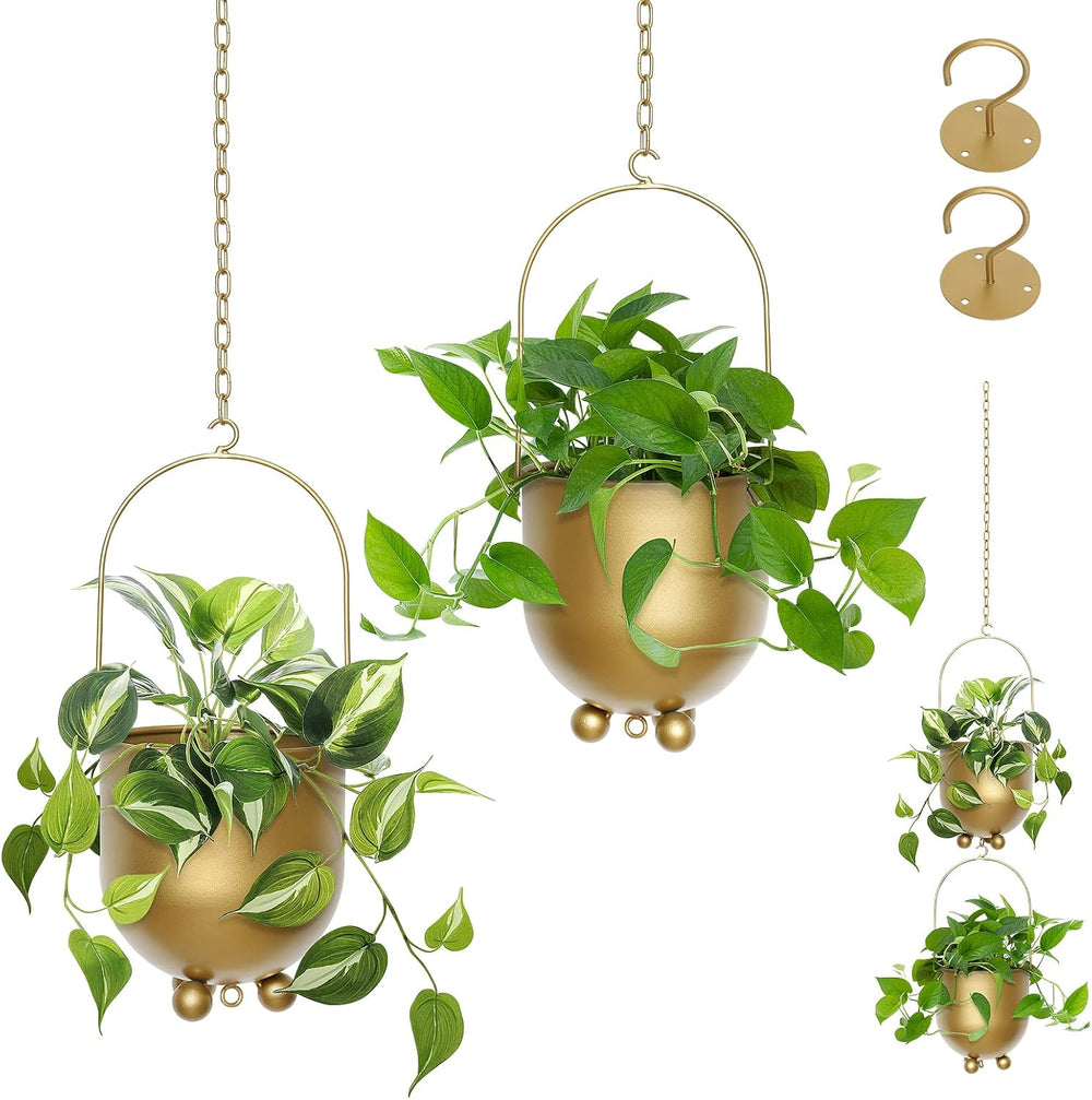Boho Gold Metal Hanging Planters, Set of 2 with Hooks & Chains - Versatil...