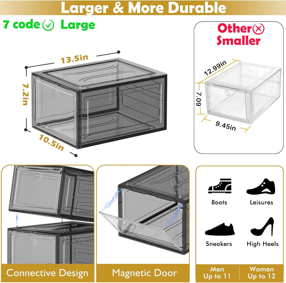 Sturdy Clear Shoe Organizer with Magnetic Door, Stackable Shoe Storage Box