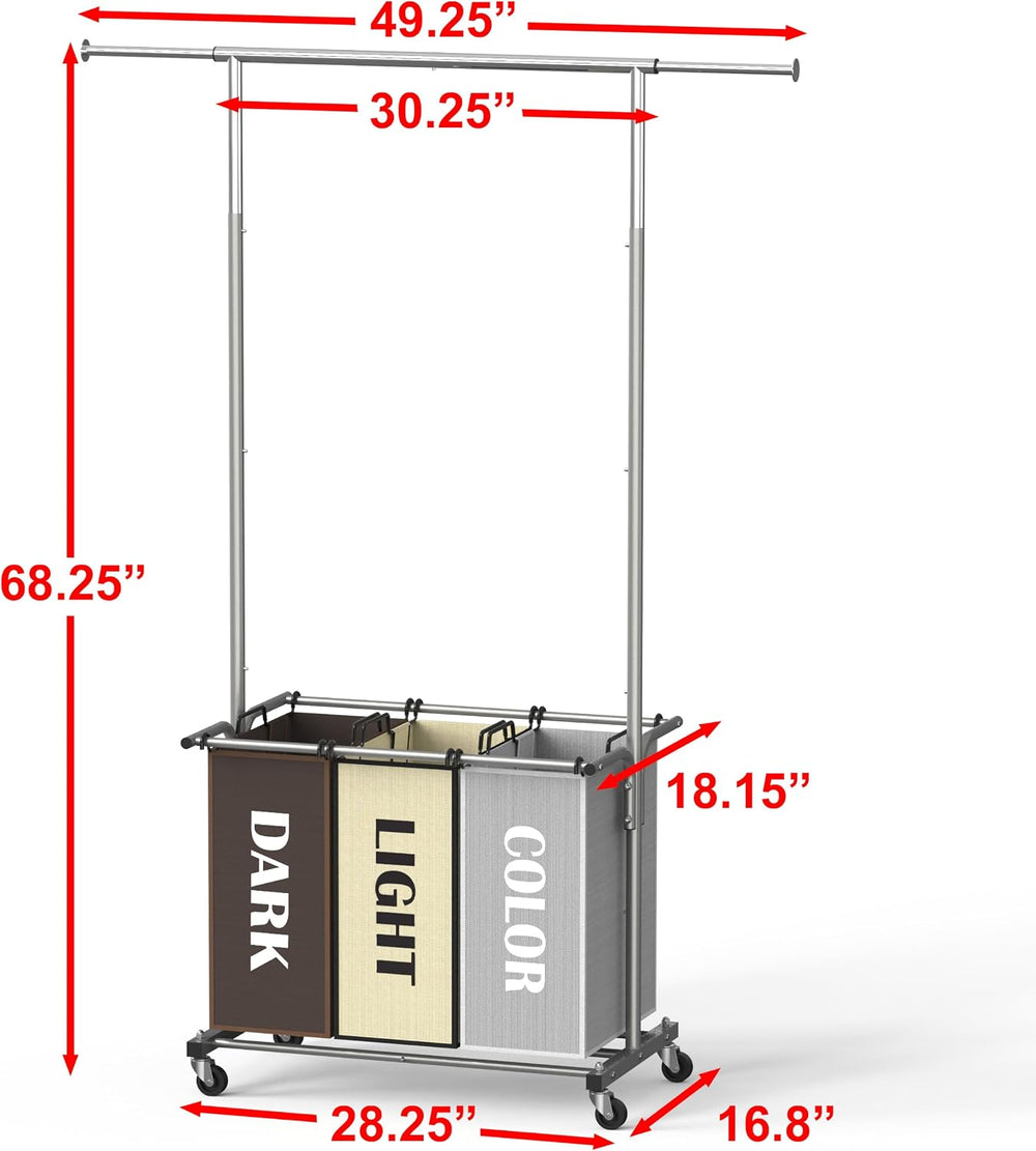 Simple Houseware 3 Bags Laundry Sorter Cart with Hanging Rod, Multi Color