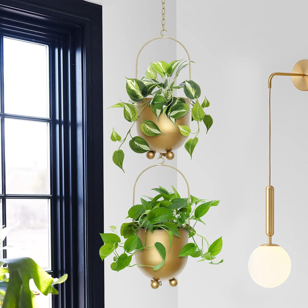 Boho Gold Metal Hanging Planters, Set of 2 with Hooks & Chains - Versatil...
