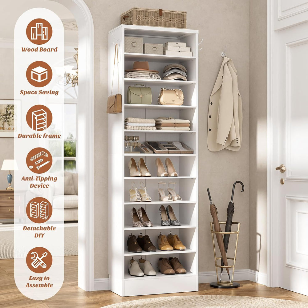 Aheaplus 10 Tiers Narrow Wood Shoe Rack, Tall Shoe Storage Cabinet, White