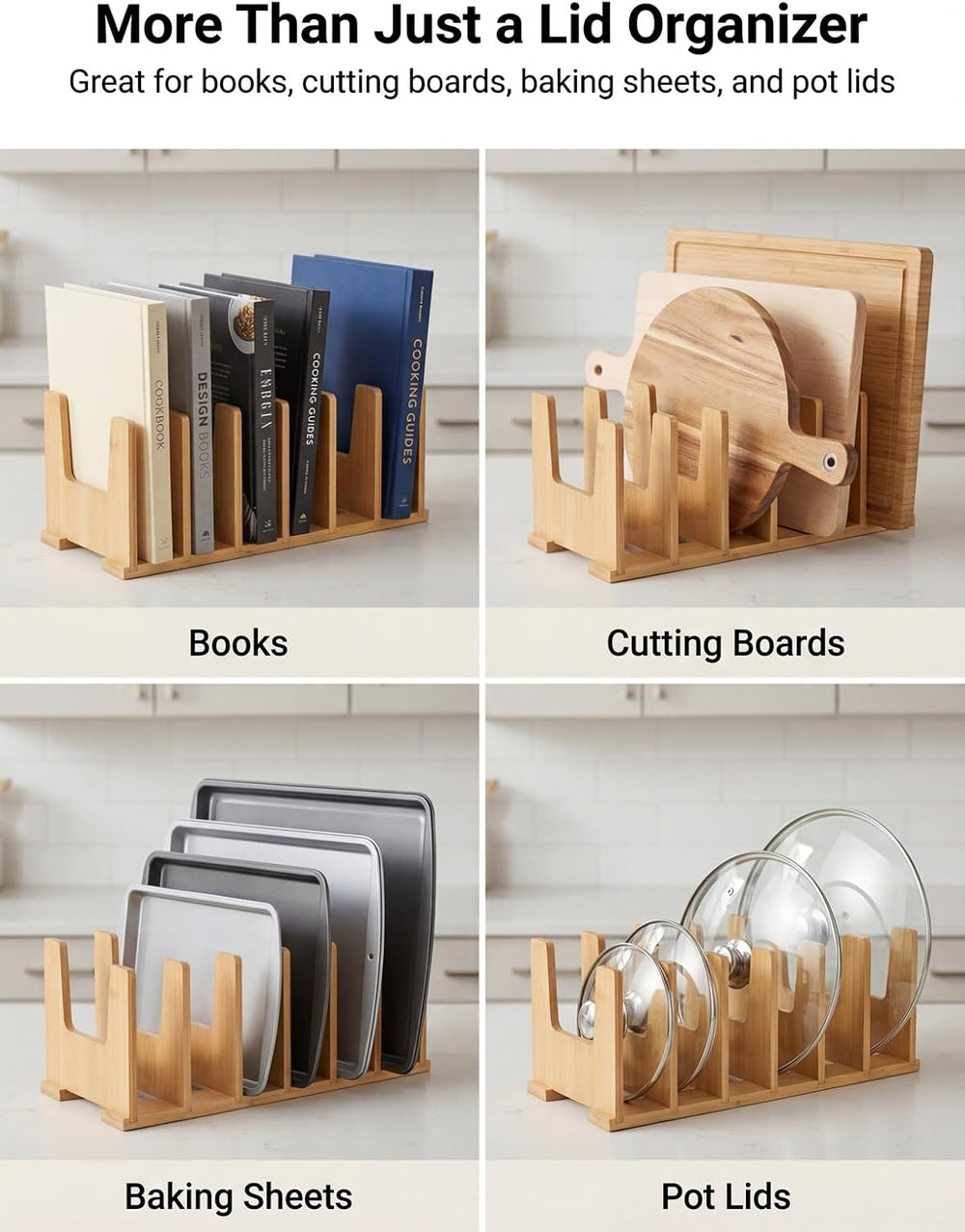 2 Pack Bamboo Pot Lid Organizer for Drawer & Cabinet, 6-Slot Lid Holder