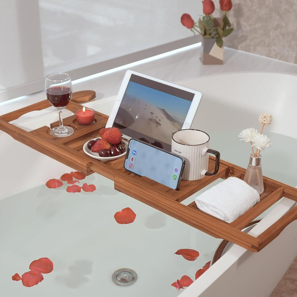 VaeFae Teak Bathtub Tray Expandable, Wooden Tub Caddy, Non-Folding