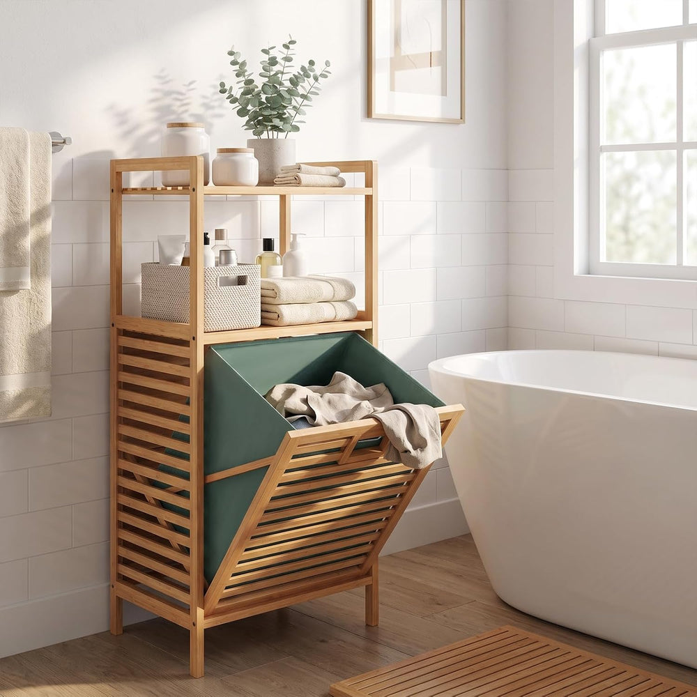 RELAX4LIFE Laundry Hamper Bamboo W/Removable Liner, 2-Tier Shelves Tilt-out D...