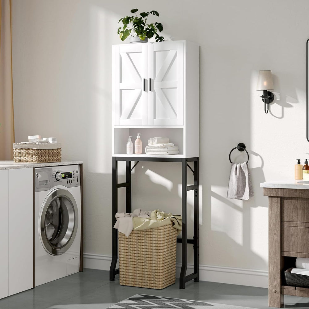White Over The Toilet Storage Cabinet with Barn Doors