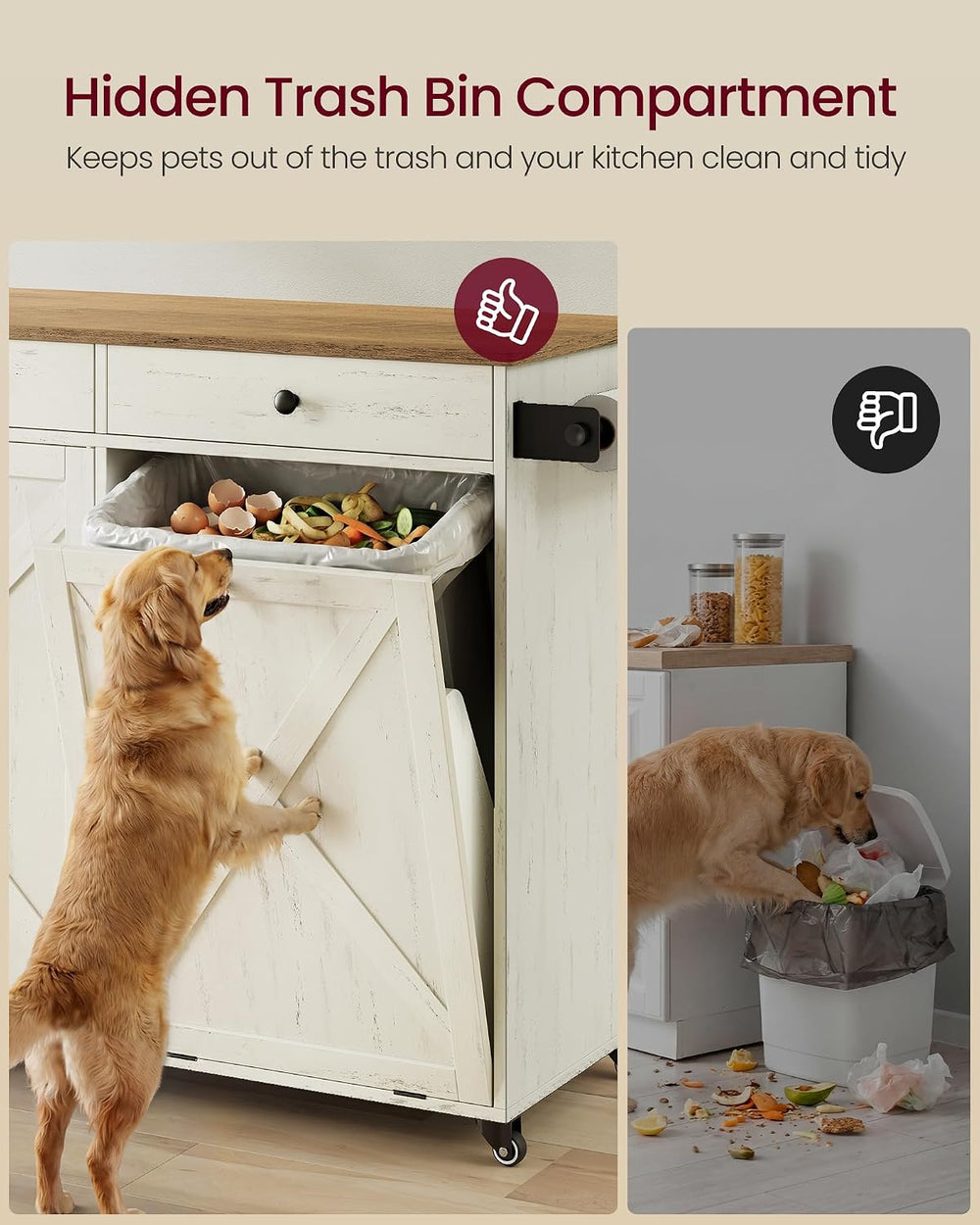 VASAGLE Mobile Kitchen Island with Trash Can Storage, Drop Leaf