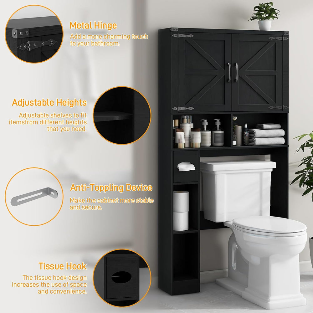 Vabches Over The Toilet Storage Cabinet with 2 Barn Doors, Pure Black