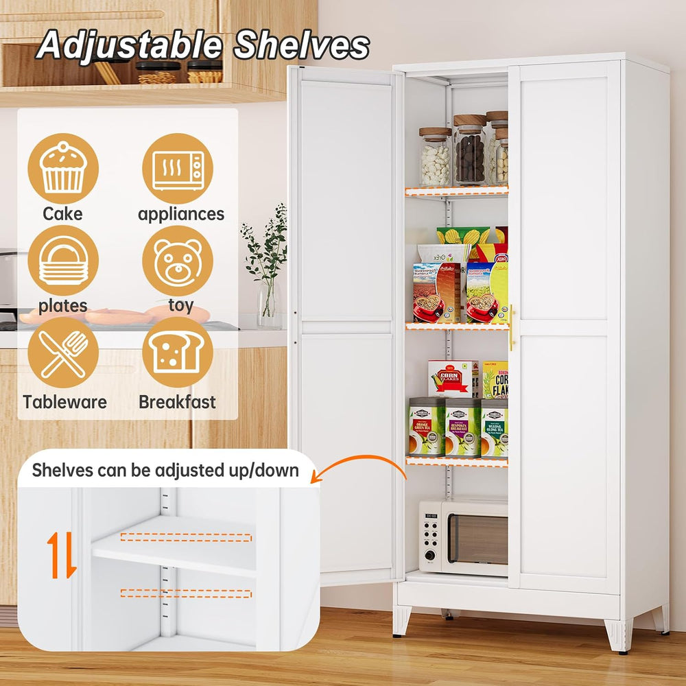 winiowa White Metal Kitchen Pantry Storage Cabinet with Doors and Shelves