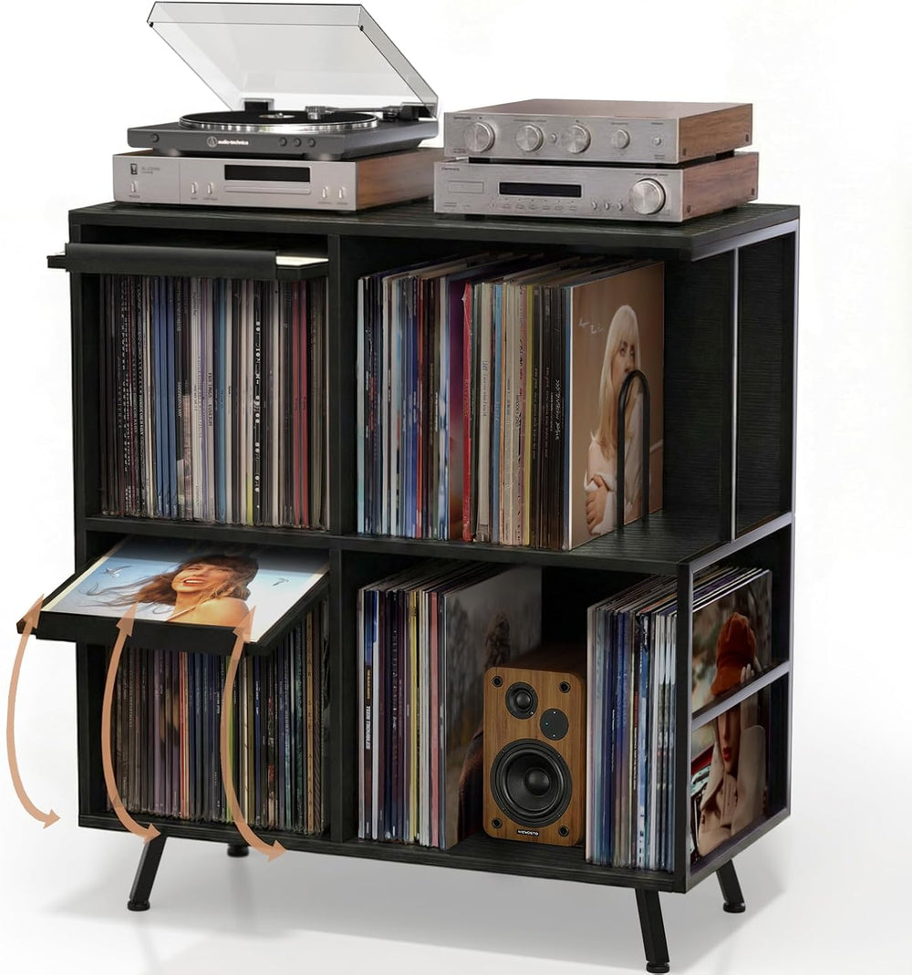 3 Tier Record Player Stand with Flip-Down Record Shelf, Black