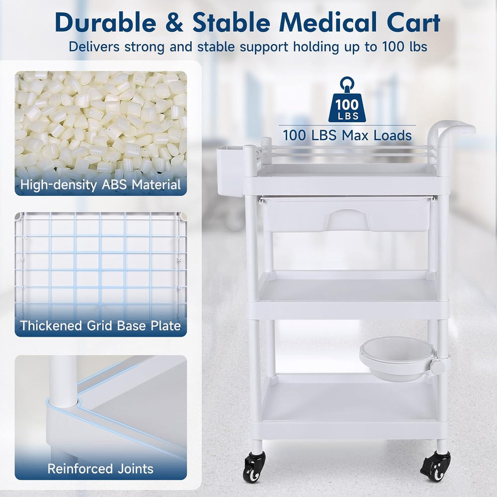 Medical Carts with Wheels 3-Tier Mobile Trolley Cart 100 LBS Max Load Medical...
