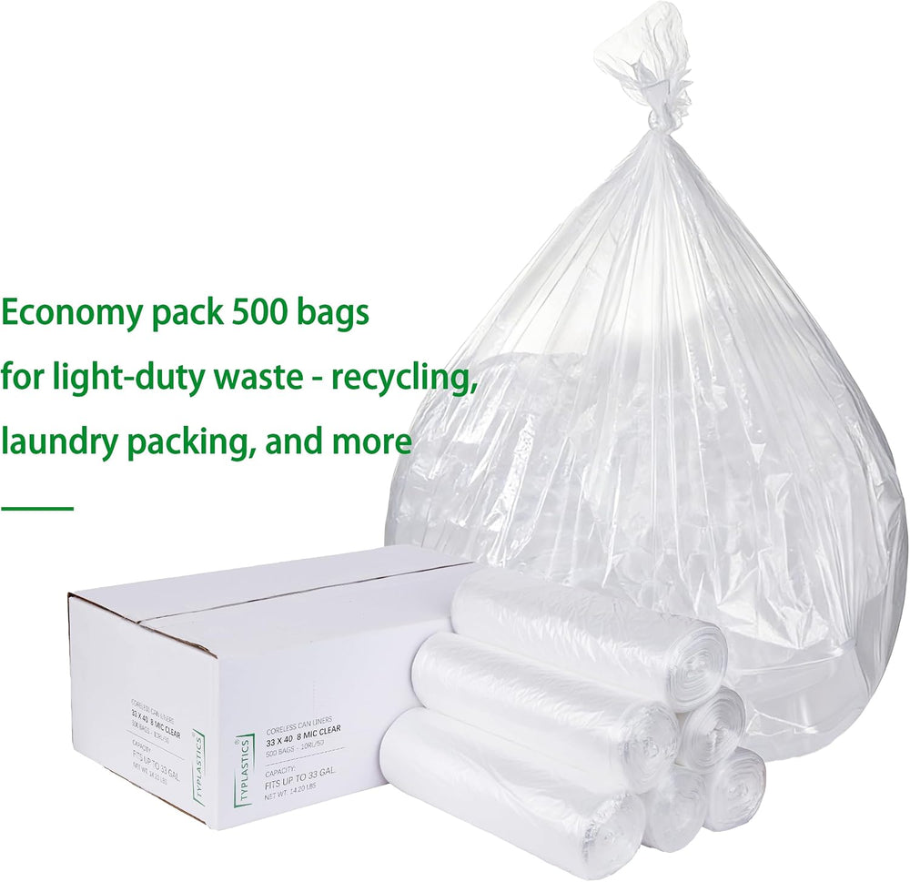 TYPLASTICS 33 Gallon Clear Trash Can Liners, 500 count, 33" x 40"