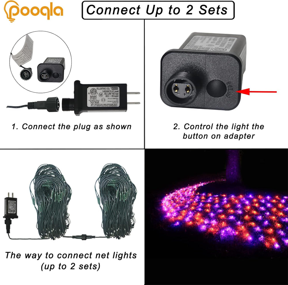 Pooqla Orange and Purple Halloween Net Lights Outdoor, 21x 5ft Green Wire