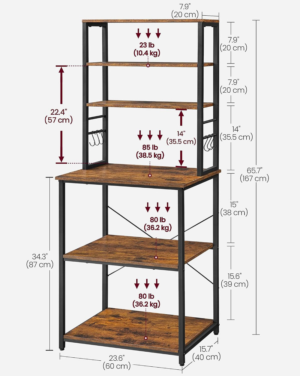 VASAGLE Coffee Bar, 23.6 Inches 6-Tier Baker's Rack with 6 Hooks