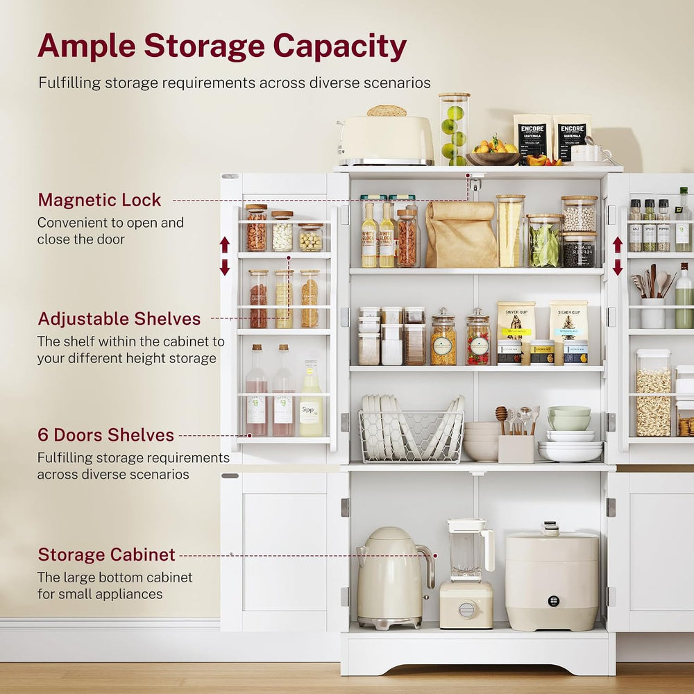 43"H Pantry Cabinet with 4 Doors, Kitchen Cabinet with 6 Door Shelves