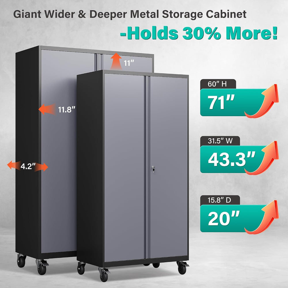 Wide & Deep Metal Storage Cabinet with Wheels,Tall Rolling Garage Storage...