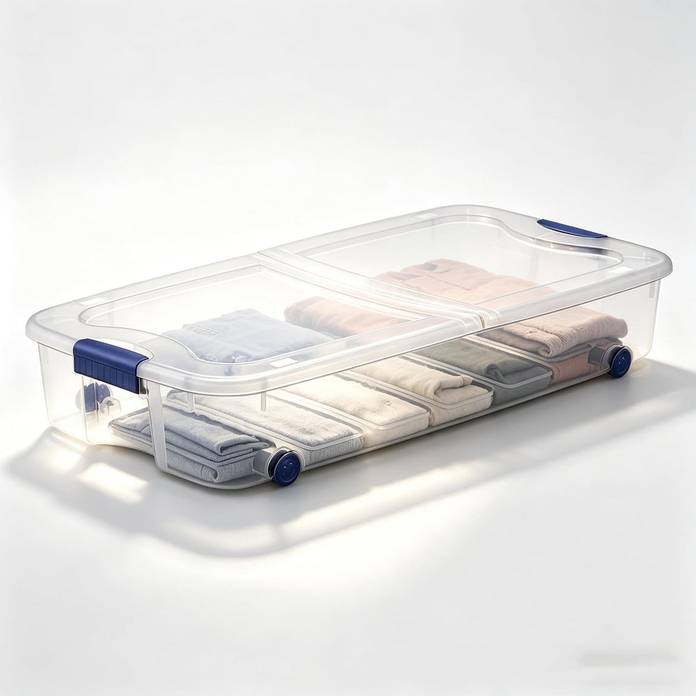 66 Quart Clear Plastic Underbed Storage Bin with Latching Lid and Wheels, Sta...
