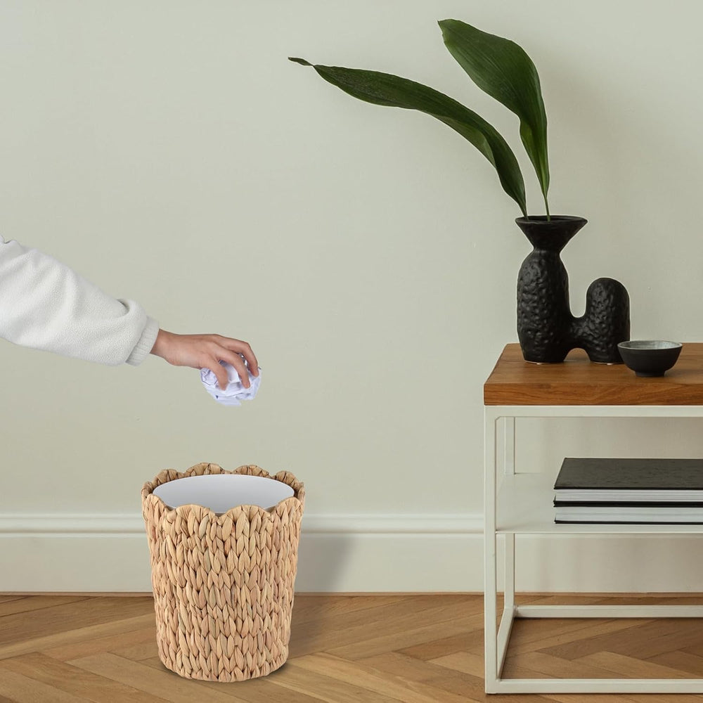 2.6 Gallon Scalloped Edge Wicker Waste Basket with Removable Plastic Liner, H...