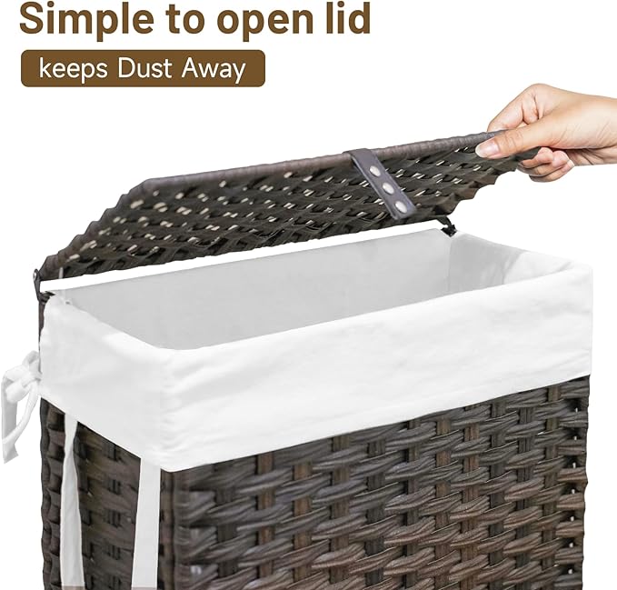 70L Slim Laundry Hamper with Lid & Wheels, 2-Park Rolling Laundry Basket ...
