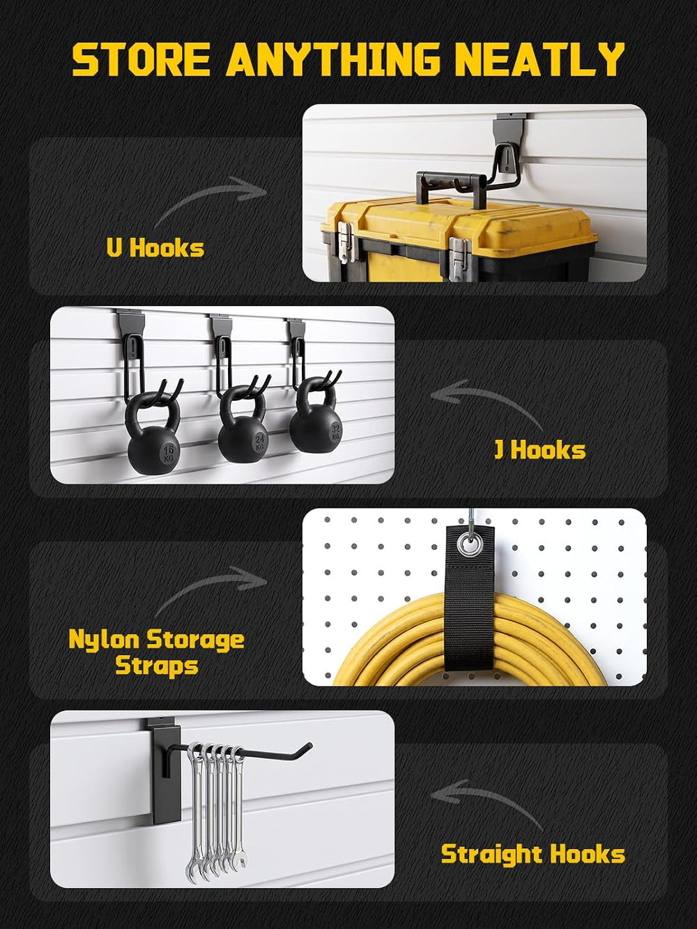 24 Pack Slatwall Accessories, Heavy Duty Slat wall Hooks & Storage Straps