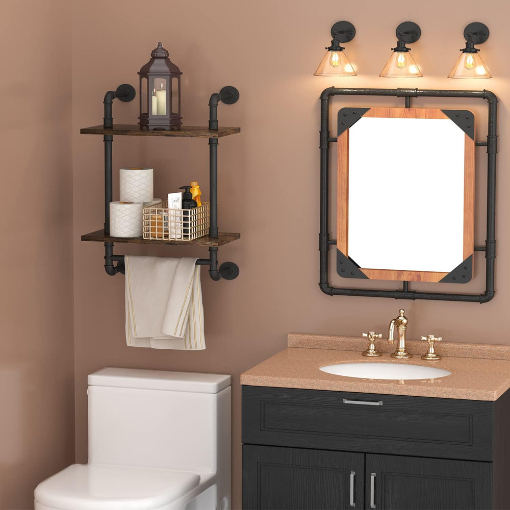 Helsin 2 Tier Industrial Pipe Floating Bathroom Shelves Wall Mounted with Tow...