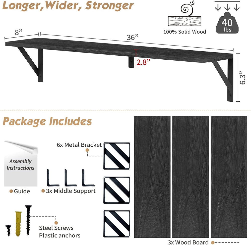 Forbena Floating Shelves 36 Inches Long 8 in Deep Set of 3, Large Wall Shelf ...