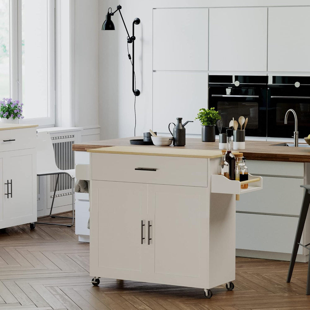 IRONCK Kitchen Island Table on Wheels with Drop Leaf, 47.25" Wide White