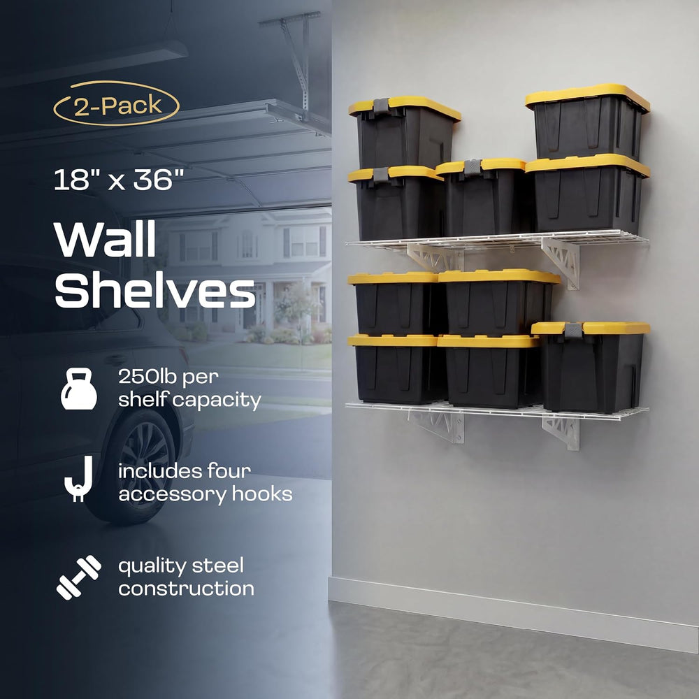 MonsterRax 18x36 White Garage Wall Shelf 2-Pack, 500lb, White