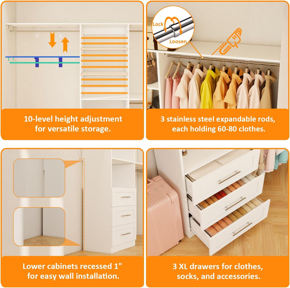 Closet System with Drawers, 5FT-8FT Closet Organizer System with 3 Cuttable S...