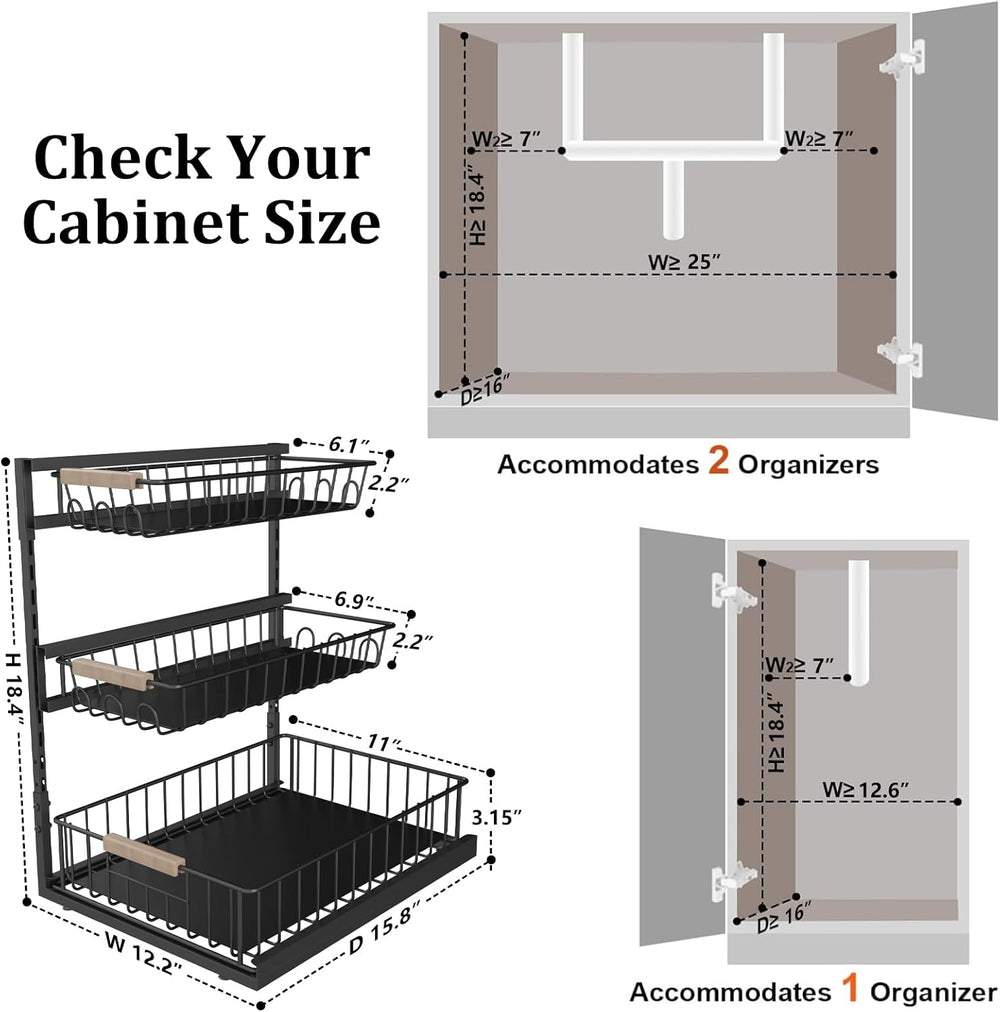 3 Tier Under Sink Organizer, Adjustable Pull Out Metal Storage Drawer